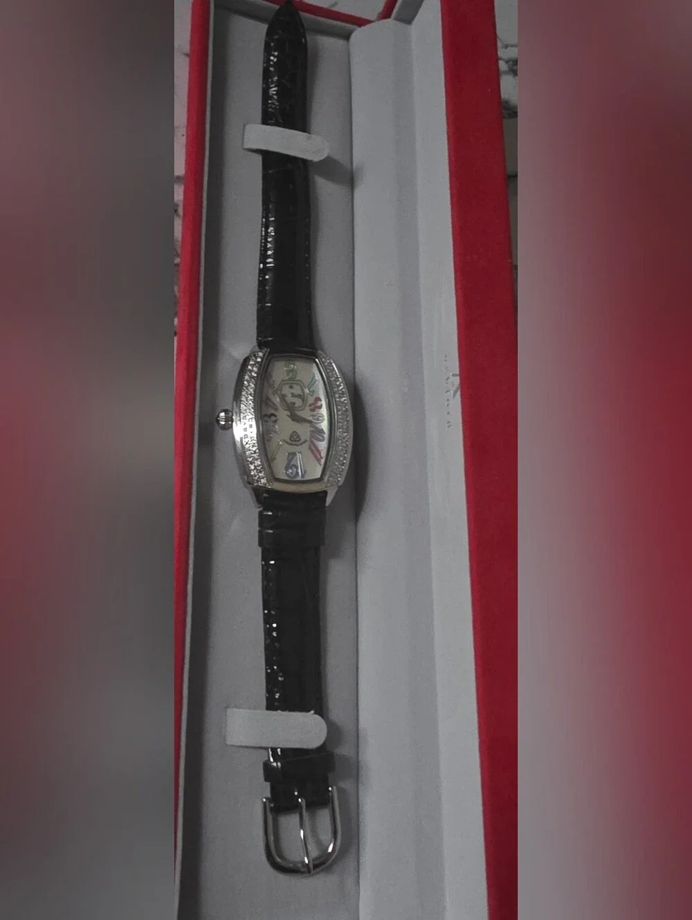 Women's Silver Tonneau Watch with Multicolor Dial